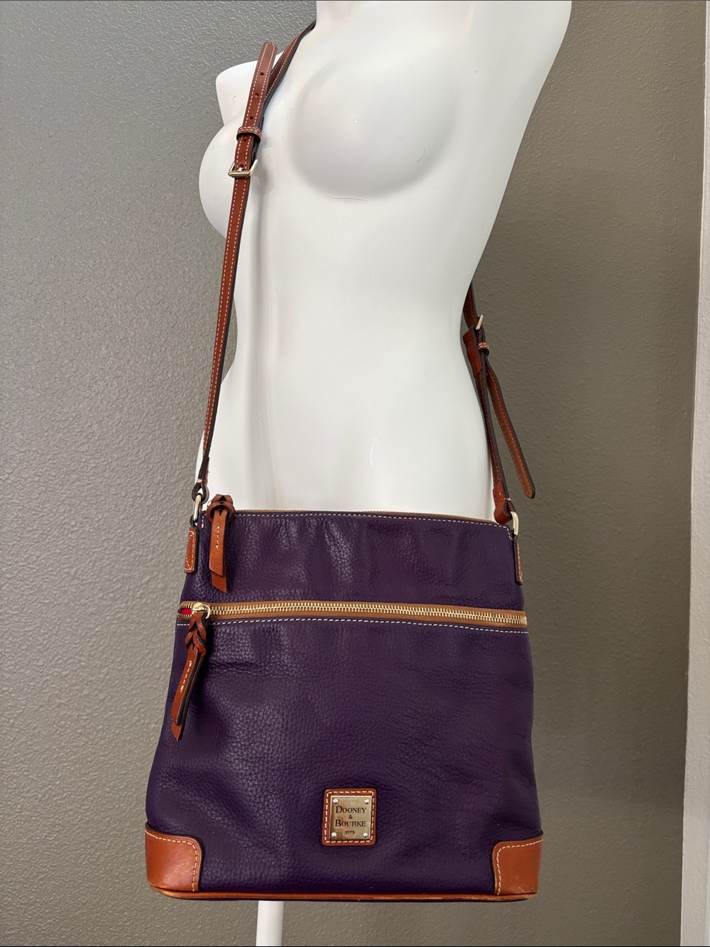 Dooney & Bourke Purple Pebble Leather Crossbody with Brown Leather Trim